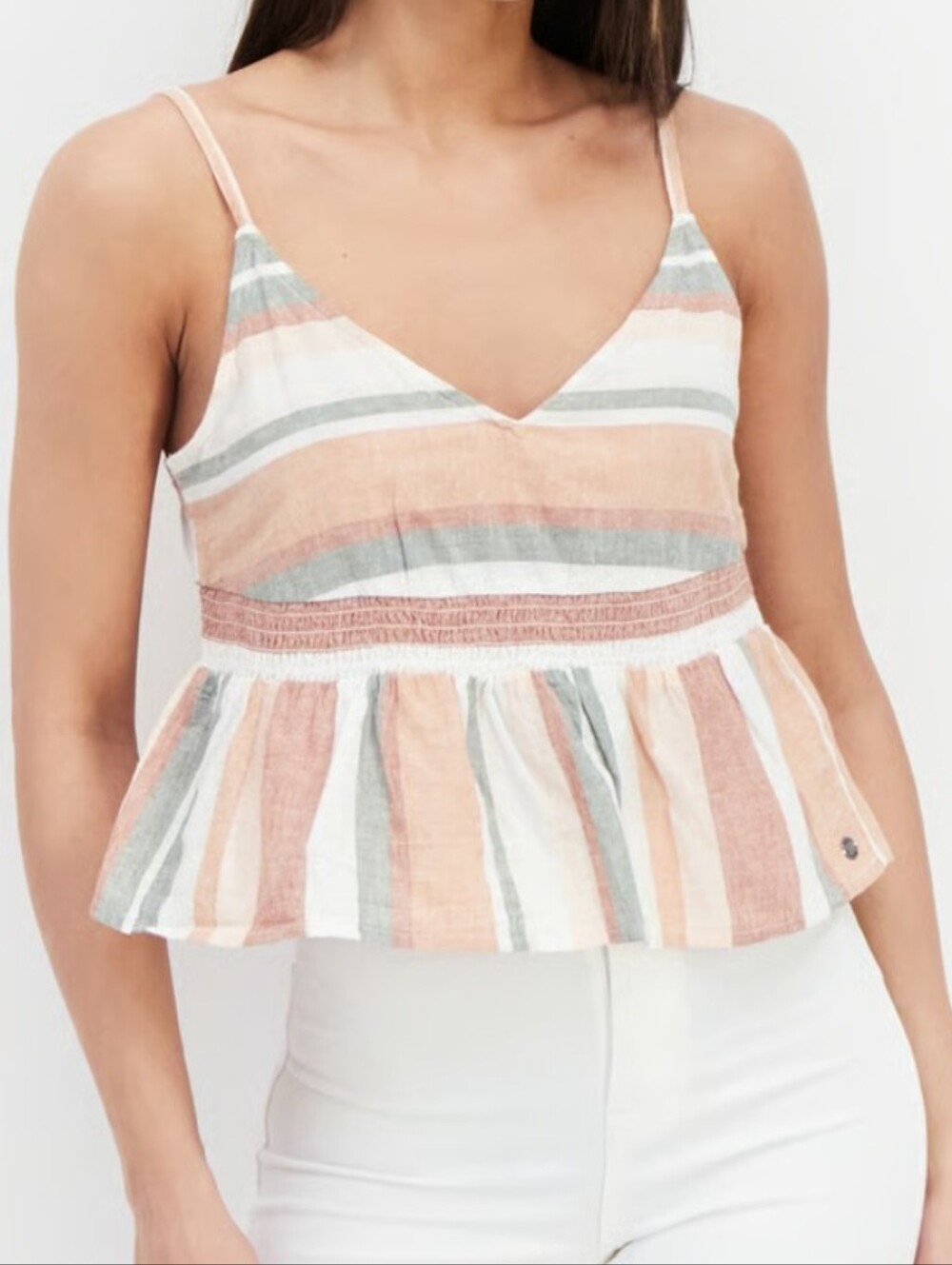 ROXY Linen Blend Striped Peplum Festival Boho Cami Top Size Medium NWT